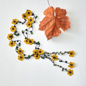 Beaded Crochet Necklace, Mustard Flowers Lariat, Autumn Necklace,  Unique Gift For Women, Oya Beadwork Necklace, Boho Crochet Jewelry