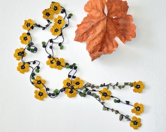 Beaded Crochet Necklace, Mustard Flowers Lariat, Autumn Necklace,  Unique Gift For Women, Oya Beadwork Necklace, Boho Crochet Jewelry