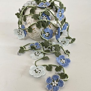 Micro Crochet Flower Necklace, Bridal Beaded Necklace, Forget Me Not Long Necklace, Wild Flower Lariat, Turkish Crochet Jewelry image 3