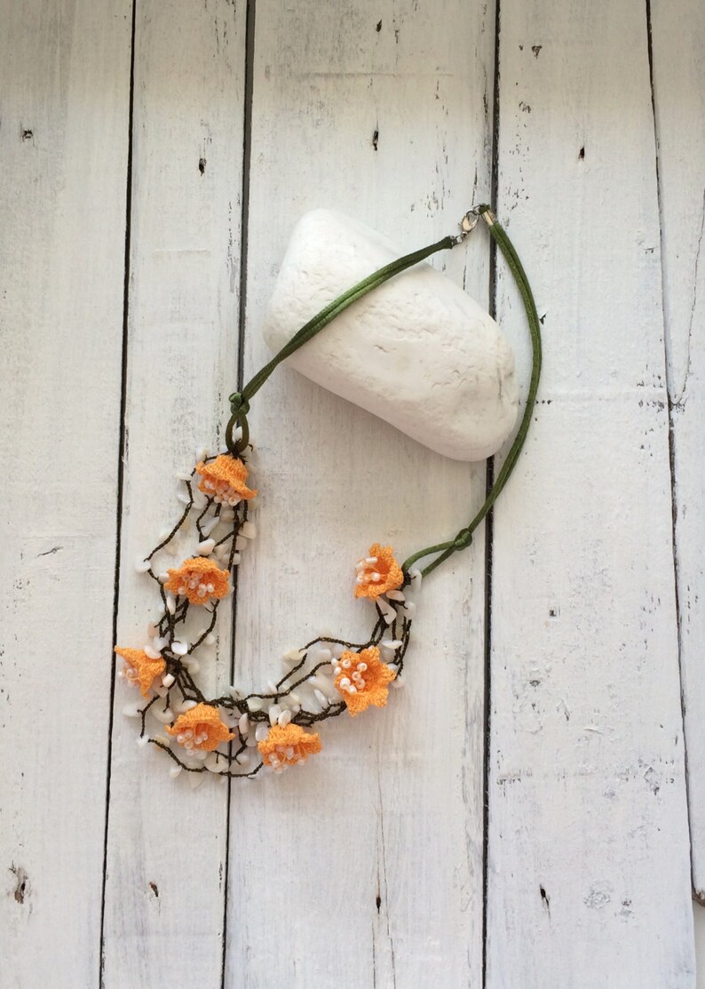 Christmas Gift Boho Multistrand Necklace Turkish Oya Necklace Beaded Crochet Collar Statement Layered Necklace Orange Flower Necklace