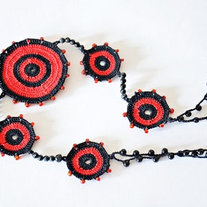 Boho Red Geometric Crochet Necklace, Mandala Long Beaded Necklace, Oya Strand Collar, Beaded Crochet Jewelry, Unique Gift For Women