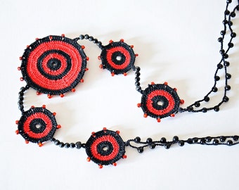 Boho Red Geometric Crochet Necklace, Mandala Long Beaded Necklace, Oya Strand Collar, Beaded Crochet Jewelry, Unique Gift For Women