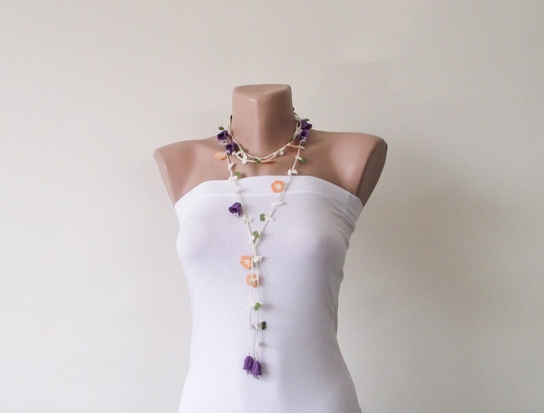 Bellflowers Beaded Crochet Necklace, Oya Wrap Boho Lariat, Crochet Jewelry, Bridal Hippie Accessory, Gift For Her, Orange Floral Garland image 4