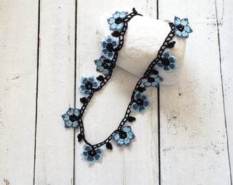 Blue Beaded Choker, Oya Crochet Necklace, Flower Statement Collar, Beaded Jewelry, Women's Gift, Crochet Jewelry, Beadwork Floral Choker