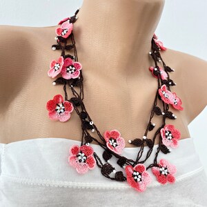 Sakura Flowers Crochet Necklace, Cherry Blossom Beaded Necklace, Japanese Flower Jewelry, Personalized Gift, Boho Wrap Lariat, Women Gift image 7