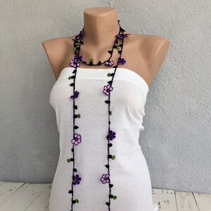 Beaded Crochet Necklace, Purple Flower Long Lariat, Turkish Oya Floral Necklace, Women Jewelry image 4