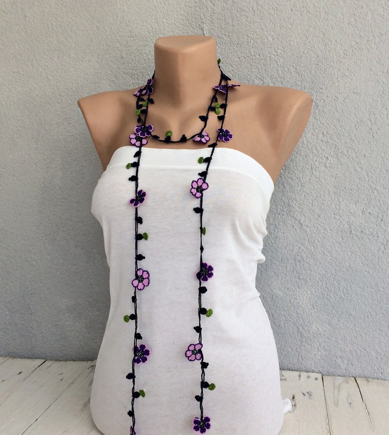 Beaded Crochet Necklace, Purple Flower Long Lariat, Turkish Oya Floral Necklace, Women Jewelry image 4