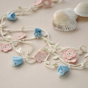 Beaded Crochet Necklace, Turkish Oya Lariat, Boho Flower Necklace, Bridal Floral Wrap, Pastel Bellflower Jewelry, Bestfriend Birthday Gift image 4