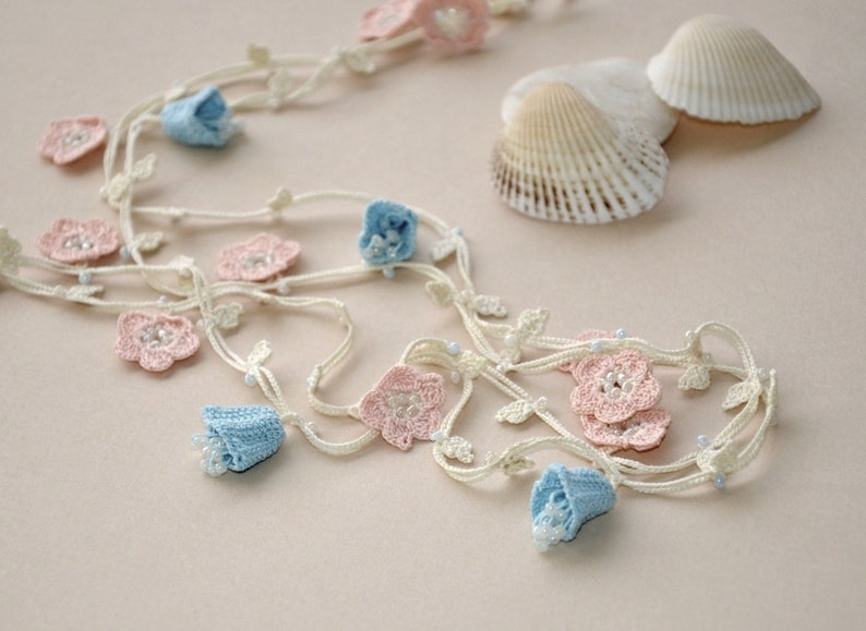 Beaded Crochet Necklace, Turkish Oya Lariat, Boho Flower Necklace, Bridal Floral Wrap, Pastel Bellflower Jewelry, Bestfriend Birthday Gift image 4