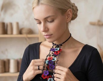 Boho Crochet Floral Choker: Colorful Fringe Necklace with Natural Stones