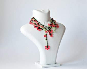 Beaded Crochet Necklace, Fuchsia Pink Lariat, Turkish Oya Wrap, Boho Crochet Jewelry, Anniversary Gift, Flower Collar, Floral Long Necklace
