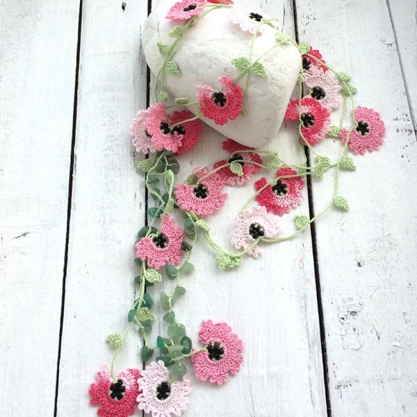 Sakura Beaded Necklace, Spring Crochet Lariat, Cherry Blossoms Collar, Anniversary Gift, Boho Oya Necklace, Flower Necklace, Crochet Jewelry