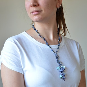 Beaded Wrap Crochet Necklace, Blue Bellflowers Oya Collar, Boho Floral Cluster Collar, Statement Necklace, Crochet Jewelry
