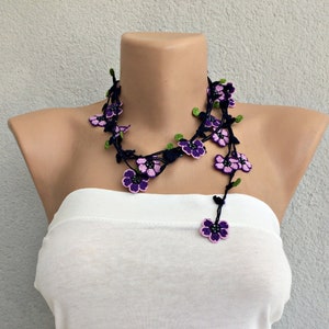 Beaded Crochet Necklace, Purple Flower Long Lariat, Turkish Oya Floral Necklace, Women Jewelry image 6