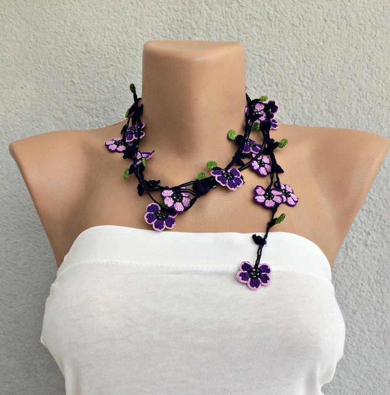 Beaded Crochet Necklace, Purple Flower Long Lariat, Turkish Oya Floral Necklace, Women Jewelry image 6