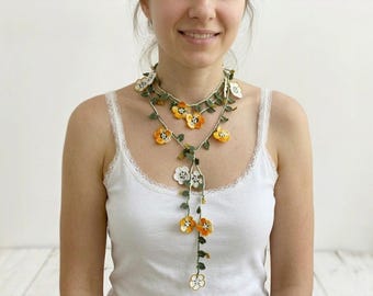 Beaded Floral Crochet Wrap Necklace, Botanical Statement Jewelry Scarf, Fiber Art Neck Accessory Women