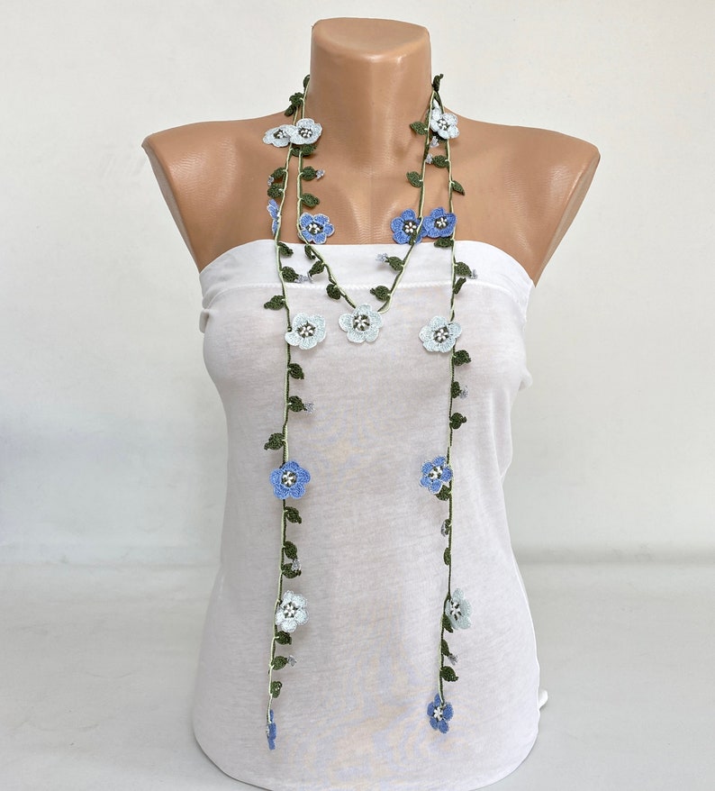 Micro Crochet Flower Necklace, Bridal Beaded Necklace, Forget Me Not Long Necklace, Wild Flower Lariat, Turkish Crochet Jewelry image 4