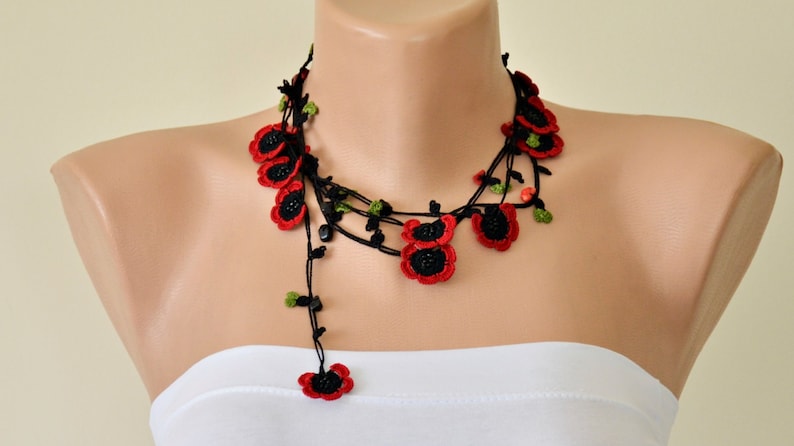 Red Crochet Poppy Necklace Personalized Gift Oya Beaded Wrap image 1