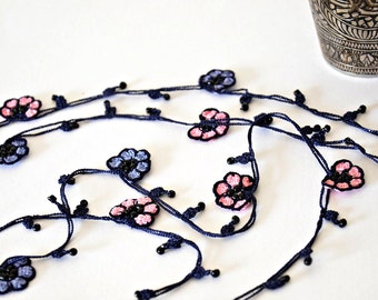 Long Boho Crochet Flowers Necklace, Beaded Wrap Lanyard, Dainty Blossom Lariat, Turkish Oya Jewelry