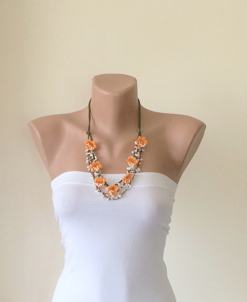 Christmas Gift Boho Multistrand Necklace Turkish Oya Necklace Beaded Crochet Collar Statement Layered Necklace Orange Flower Necklace