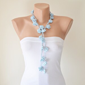 Light Blue Crochet Scarf, Boho Skinny Scarf, Floral Necklace, Pearl Beaded Wrap, Baby Blue Necklace, Flower Lariat, Mom&#39;s Anniversary Gift