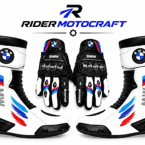 BMW Racing Stövlar & Handskar Set – Handgjorda Motorcykelstövlar i äkta läder, Skyddsutrustning,