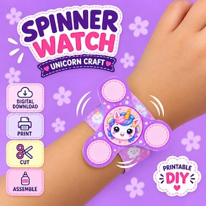 May include: A purple unicorn-themed spinner watch craft kit featuring the text SPINNER WATCH UNICORN CRAFT and icons for digital download, print, cut, and assemble. The watch has a central unicorn face and three circular spinner arms.