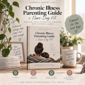 Può includere: Un libro intitolato Chronic Illness Parenting Guide + Flare-Day Kit con una copertina che mostra una persona e un bambino sotto una coperta. Accanto c'è una tazza bianca con il testo Progress over perfection. L'immagine include altro testo.