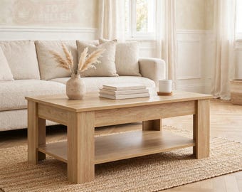 Mesa de centro con tapa elevable y estante de almacenamiento oculto, de roble.
