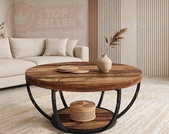 Mesa de centro redonda de madera con dos niveles de almacenamiento abierto y patas de metal.