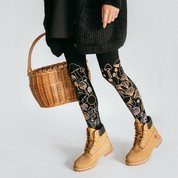 Leggings de punto de champiñones negros Chanterelles Leggings de mujer