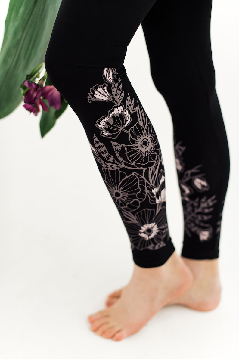 Black Flower jersey leggings Spring Women's Leggings image 3
