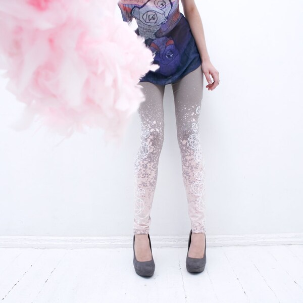 Light brown and beige/ light pink leggings with white crystal print
