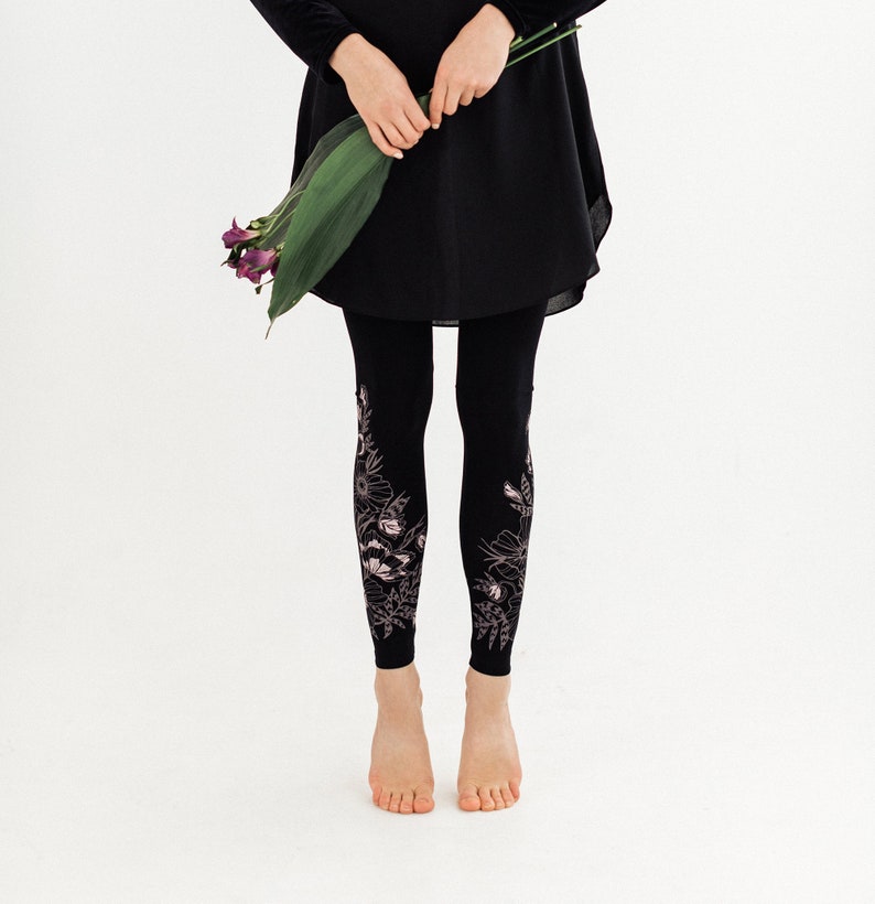 Black Flower jersey leggings Spring Women's Leggings image 4