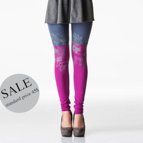 20% SALE - Purple and grey ice flower print leggings