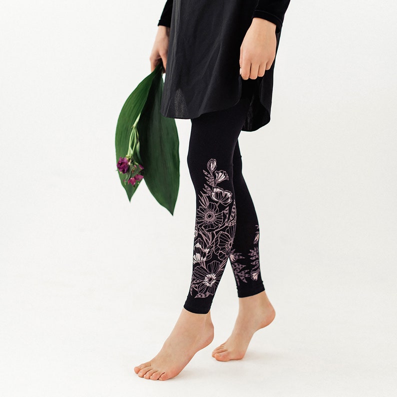 Black Flower jersey leggings Spring Women's Leggings image 2