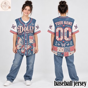 Dolly Parton Butterfly Baseball Jersey, Personalized Name and Number, Floral Patchwork Shirt, Gingham Country Fan Gift