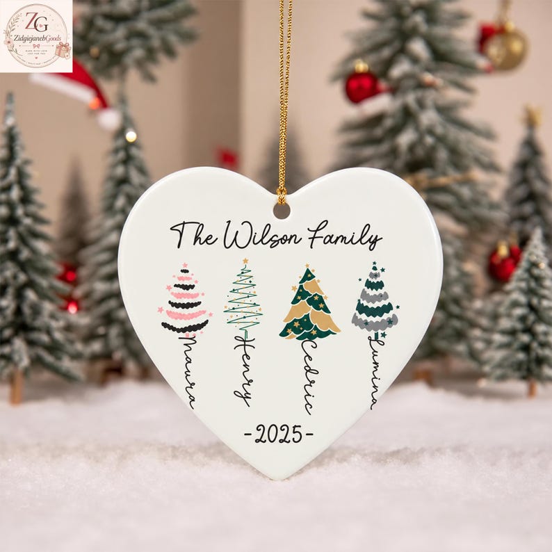 String Family Background Image Personalized Family of Four Ceramic Ornament, Colorful Christmas Trees ...