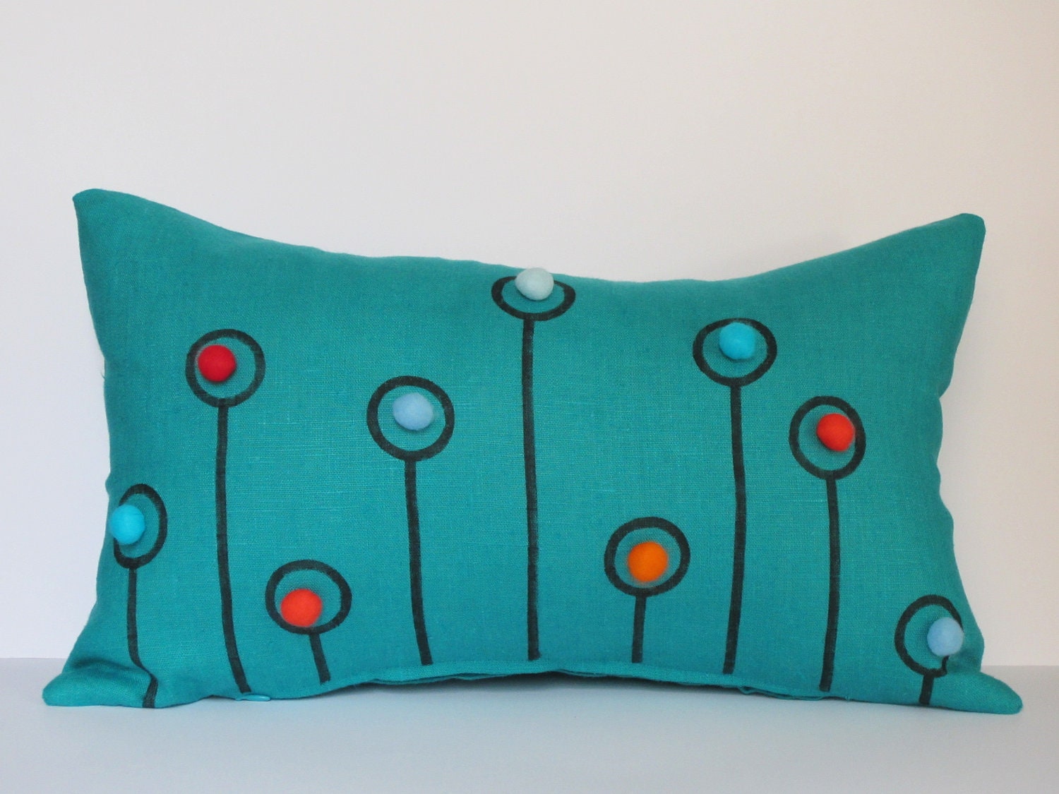 Turquoise Linen Pillow Case Dandelion Pen Drawing with Felt Etsy