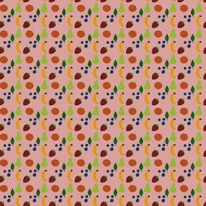 Puede incluir: Un patrón repetitivo sobre un fondo rosa empolvado que presenta ilustraciones estilizadas de plátanos amarillos, fresas rojas, peras verde claro, círculos naranjas, arándanos azul oscuro y pequeñas hojas verdes en una disposición de cuadrícula.