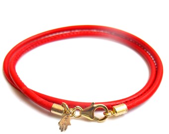 14k solid gold red wrap leather bracelet for good luck and protection hamsa kabbalah jewelry