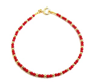 14 k yellow gold red coral beads bracelet dainty gemstone