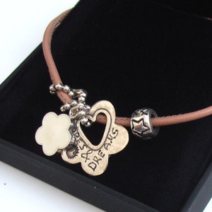 love  dream hope silver leather necklace boho chic handmade flower bead gift jewelry