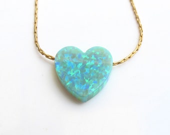 Opal heart necklace aqua green gold filled sterling silver gemstone  bead charm