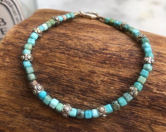 Turquoise beads silver bracelet natural gemstones square cut handmade bangle