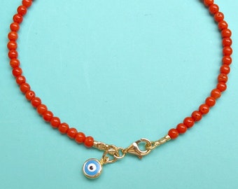 14k solid gold Sardinia coral beads blue evil eye bracelet gem luck charm gem
