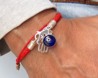 Kabbalah red string luck silver leather bracelet blue evil eye hamsa star david amulet charms