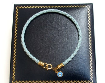 14k gold blue evil eye leather bracelet for good luck and protection charm