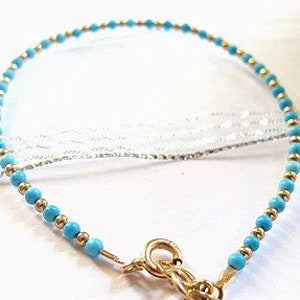 14 k solid gold blue turquoise gemstone beads bracelet small dainty natural