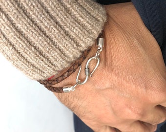 Sterling silver vintage brown braided leather hook clasp wrap bracelet